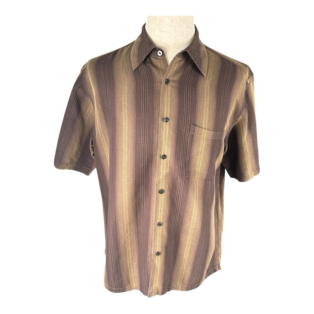Alfani Men Linen Blend‎ Shirt Brown Mocha Striped Short Sleeve Medium